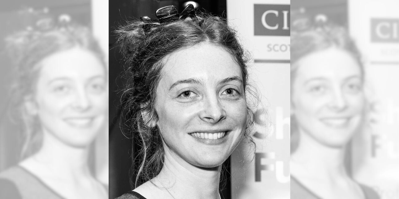 A tryptich of Amelia Stokes, a white young woman with brown hair wearing a round necked top stood in front of a CIPR banner